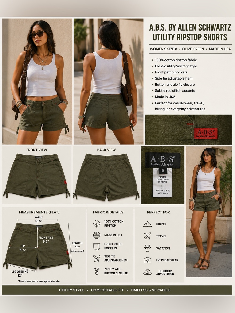 A.B.S. Allen Schwartz Olive Green Ripstop Utility Shorts Women's Size 8 Side Tie